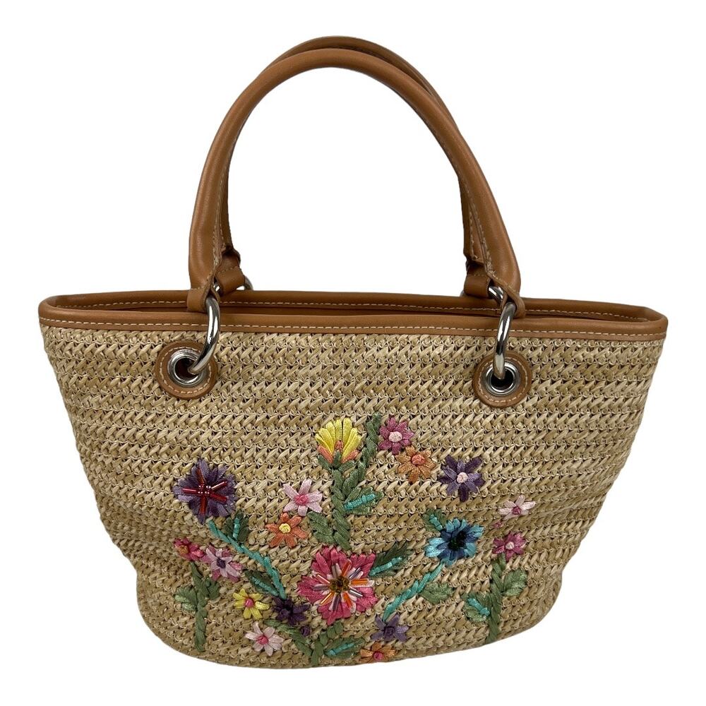 Straw Style Purse Embroidered Flowers Small Handbag